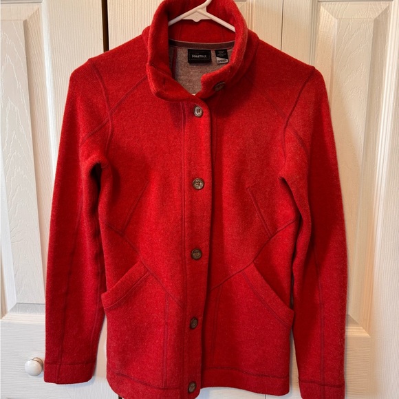 Marmot Womens Button Up Front Fleece Jacket Size XS Vibrant Red 2 Front Pockets - Picture 2 of 12